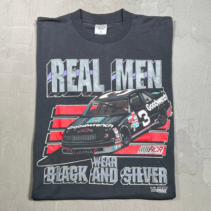 1990 Nascar Racing Real Men Wear Black and Silver Washed Black Tee Size Medium USED v19883