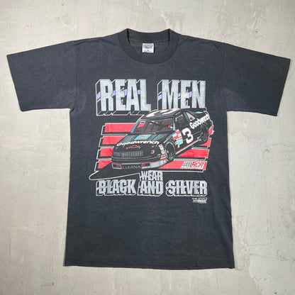 1990 Nascar Racing Real Men Wear Black and Silver Washed Black Tee Size Medium USED v19883