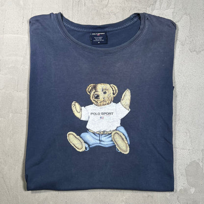 Y2K Polo Sport Ralph Lauren Bear Navy Blue Tee Size Medium USED v19898