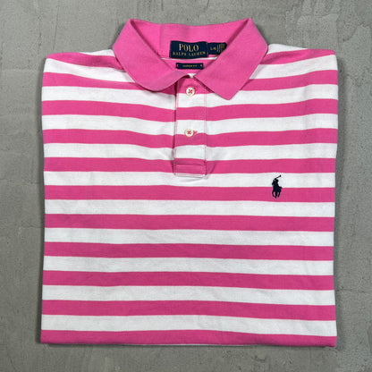 Polo Ralph Lauren Pink/White Stripe Polo Tee Size Large USED x19930