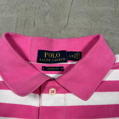 Polo Ralph Lauren Pink/White Stripe Polo Tee Size Large USED x19930