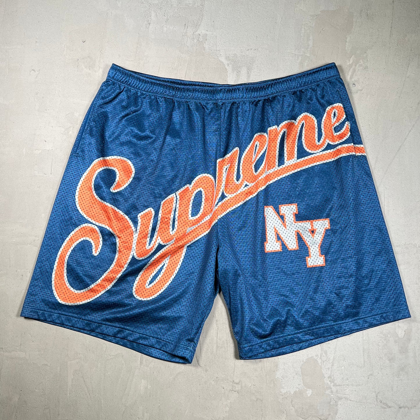 Supreme Big Script Blue/Orange Mesh Shorts Size XXL USED x18220