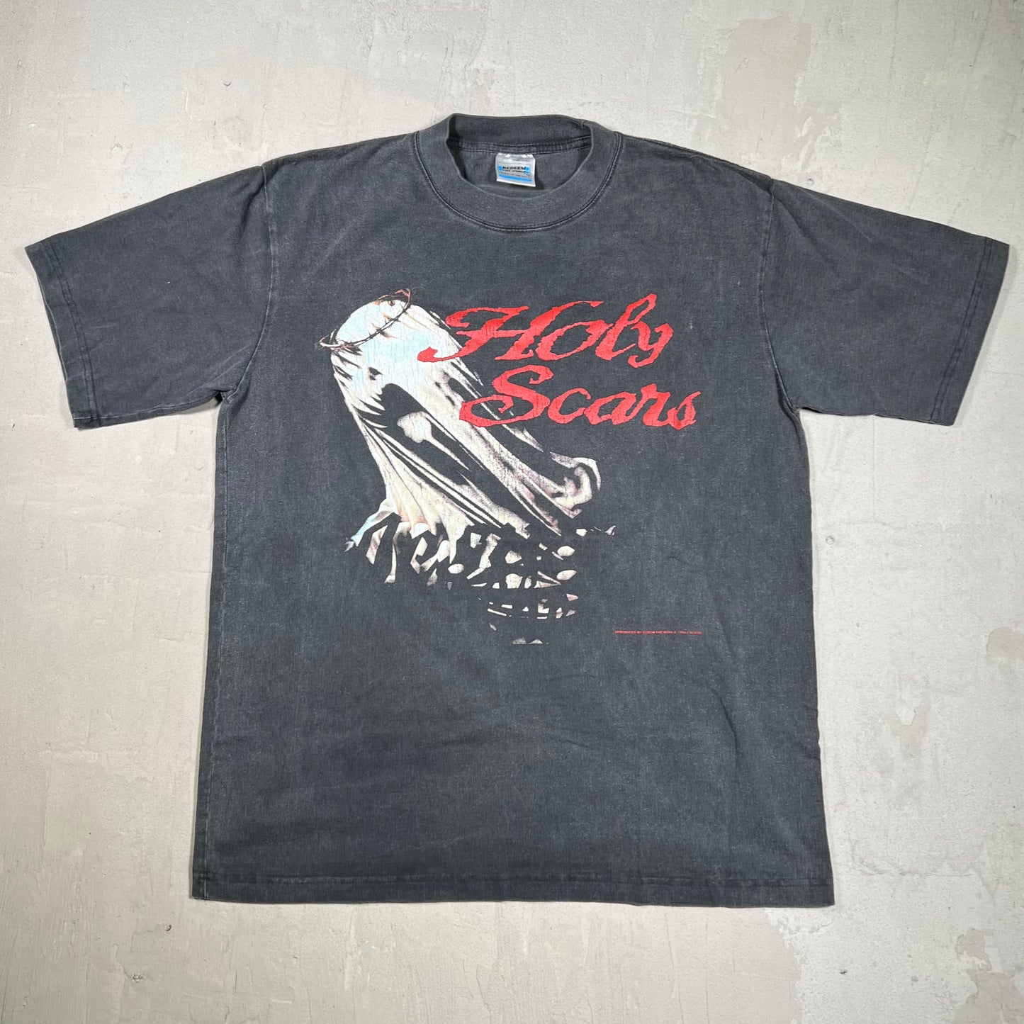 Holy Scars Redeem The World Washed Black Tee Size Large USED v19945