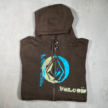 Y2K Volcom Brown Zip Up Hoodie Size Large USED v19948