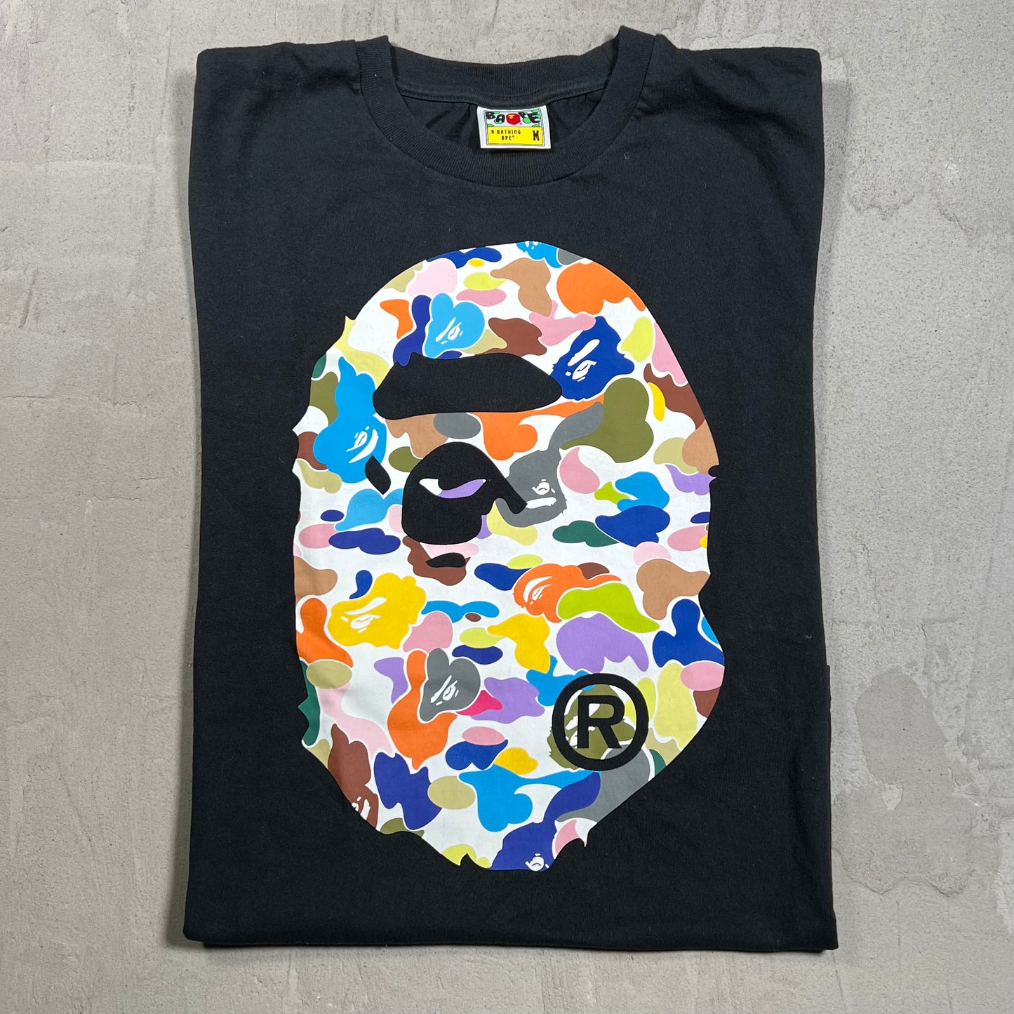 Bape Multi Color Head Black Tee Size Medium USED x18244