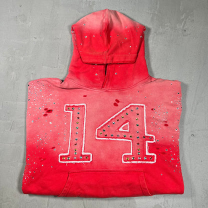 Vale Rhinestone 14 Red Pull Over Hoodie Size Large USED x17882