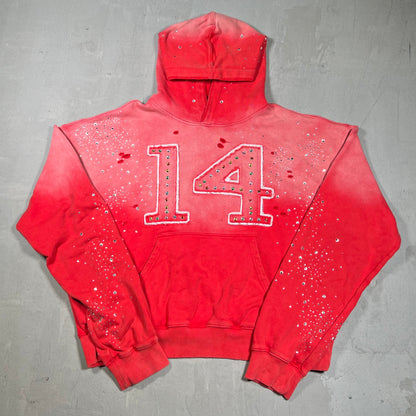 Vale Rhinestone 14 Red Pull Over Hoodie Size Large USED x17882