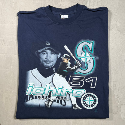 2001 Seattle Marines Ichiro Outfielder Navy Blue Teee Size XL USED v19994