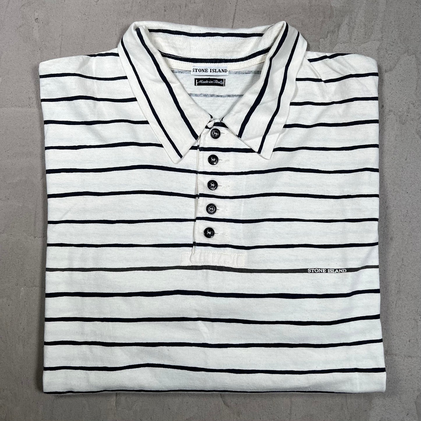 1990s Stone Island White Striped Blue Sleeve Polo Longsleeve Size Medium USED x18316