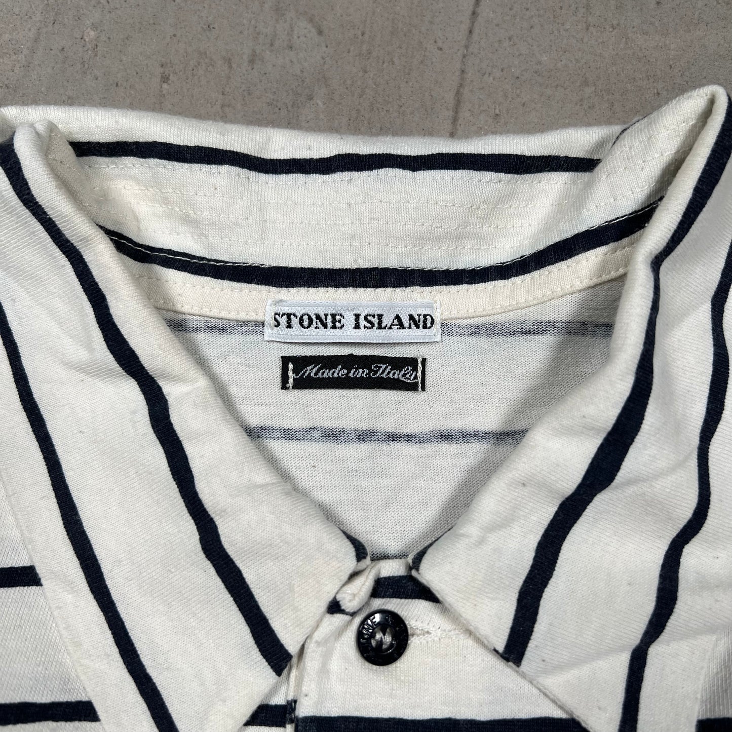 1990s Stone Island White Striped Blue Sleeve Polo Longsleeve Size Medium USED x18316