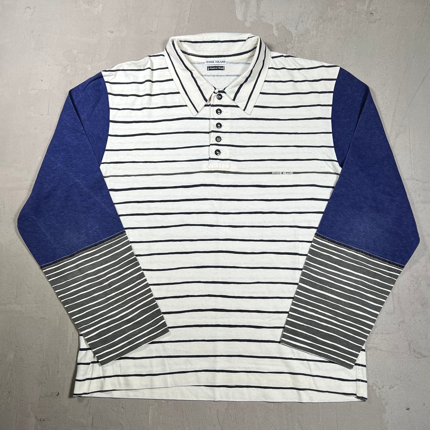 1990s Stone Island White Striped Blue Sleeve Polo Longsleeve Size Medium USED x18316