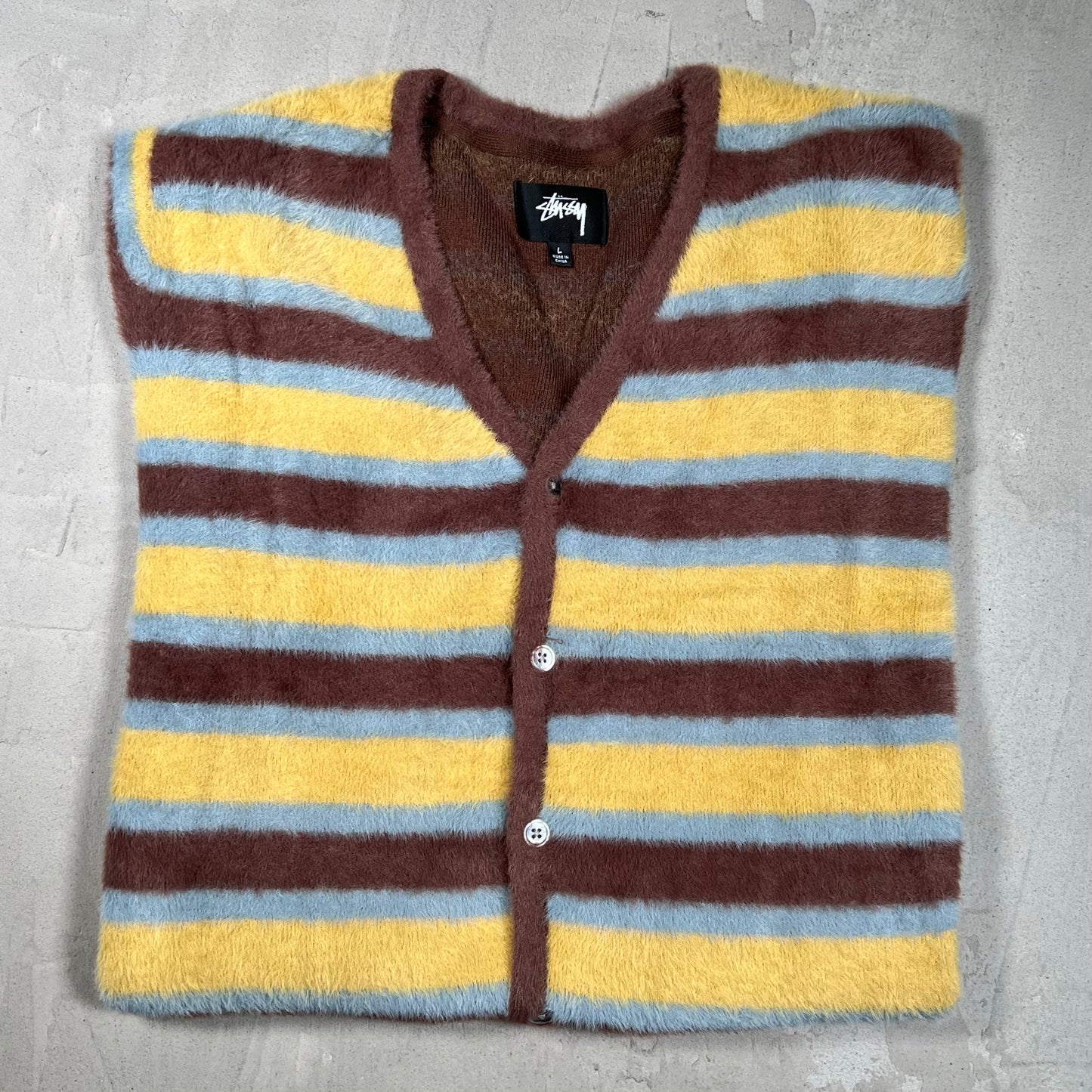 Stussy Striped Brown Cardigan Size Large USED x18362