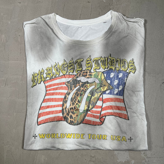 Bravest Studio Rhinestone World Tour White Tee Size Medium USED x18337