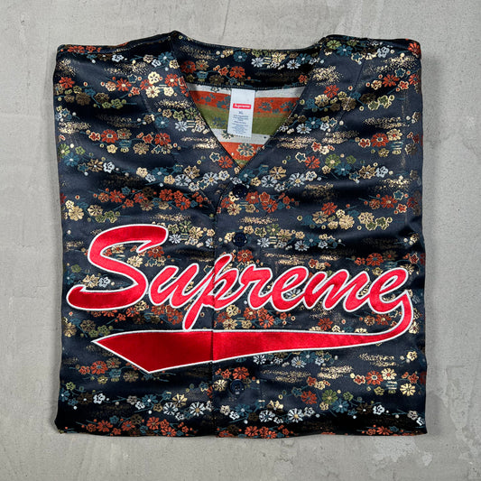 Supreme Floral Jacquard Baseball Jersey Navy Size XL USED x18357