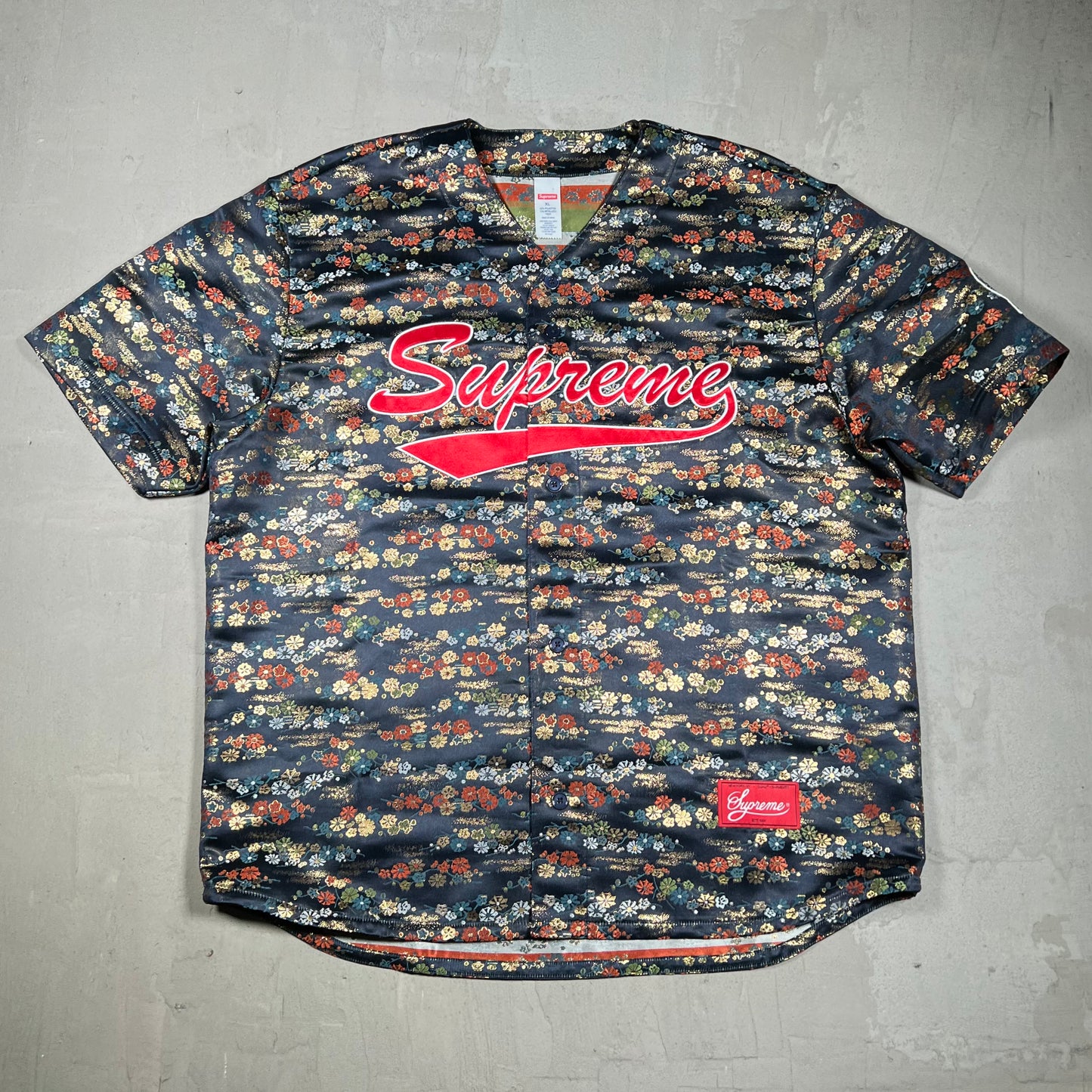 Supreme Floral Jacquard Baseball Jersey Navy Size XL USED x18357