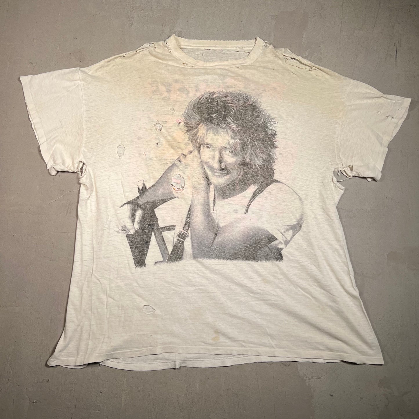 1989 Rod Stewart Out of Order Tour White Tee Trashed Size XL USED v15350