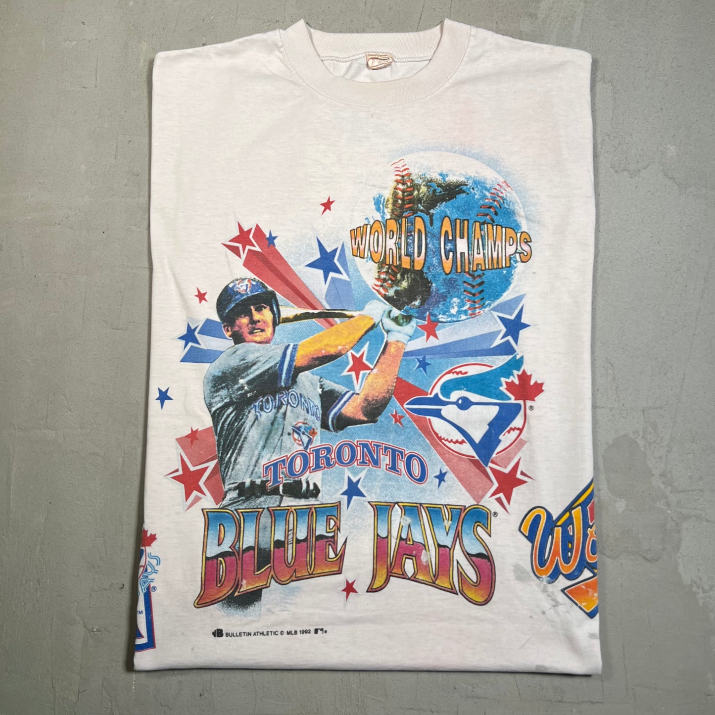 1992 Blue Jays Toronto World Champs AOP Stained Tee Size XL USED v19594
