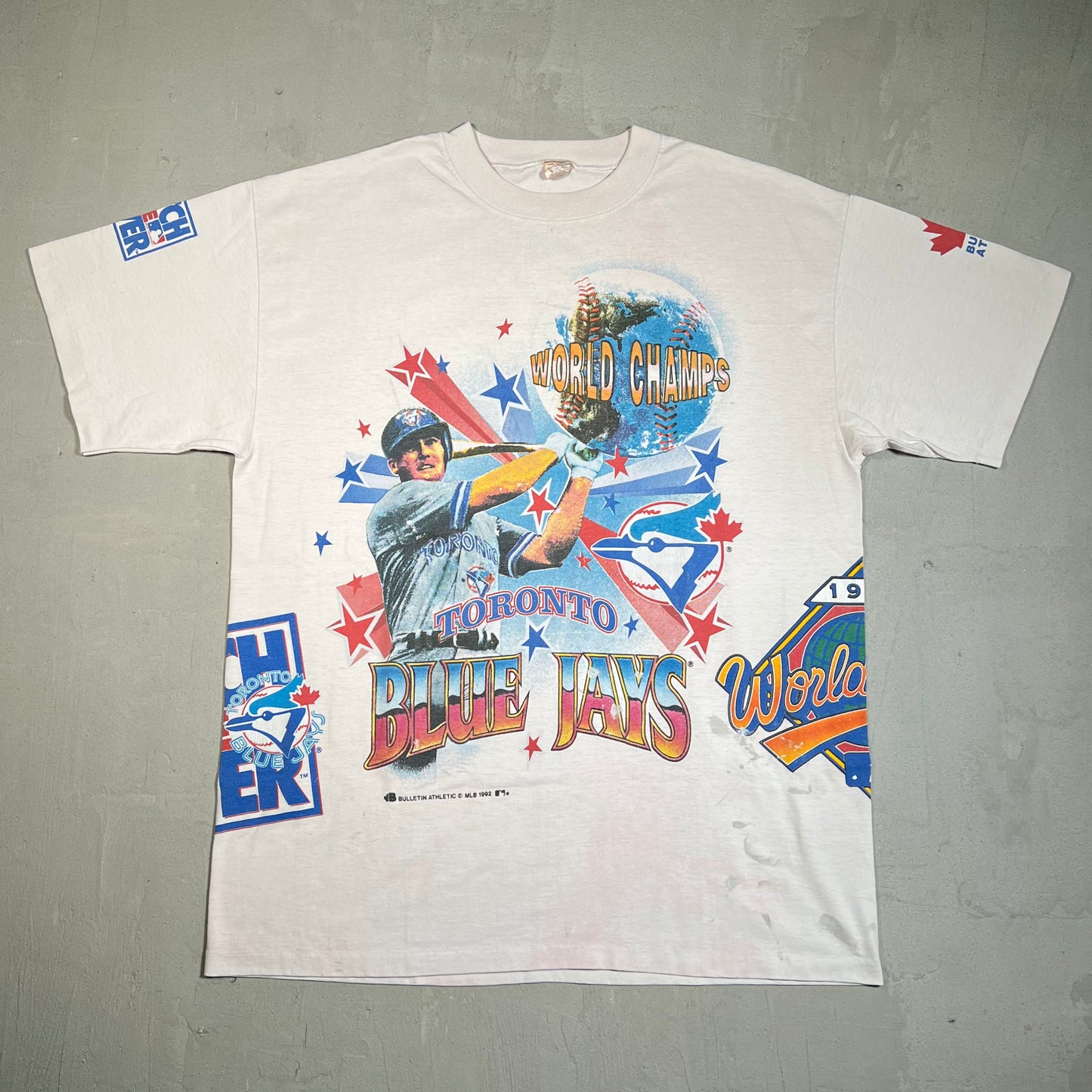 1992 Blue Jays Toronto World Champs AOP Stained Tee Size XL USED v19594