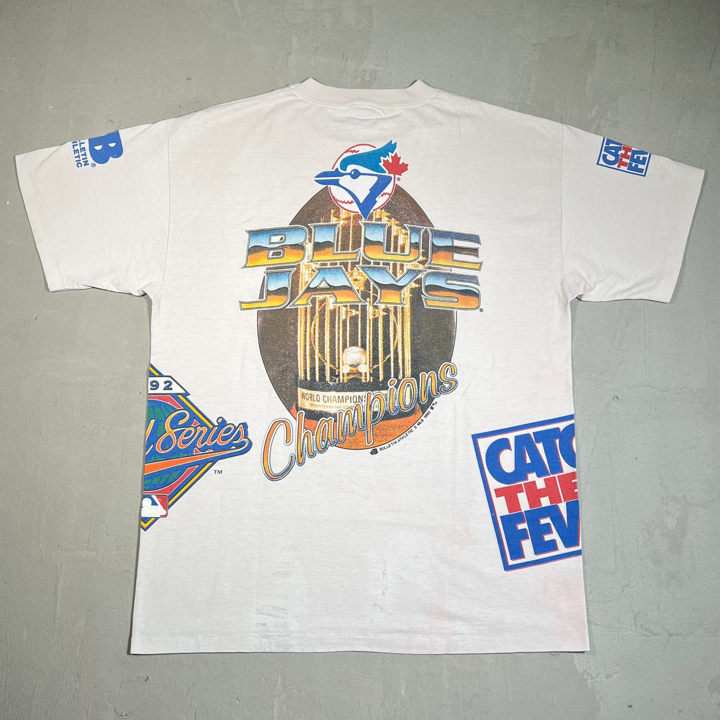 1992 Blue Jays Toronto World Champs AOP Stained Tee Size XL USED v19594
