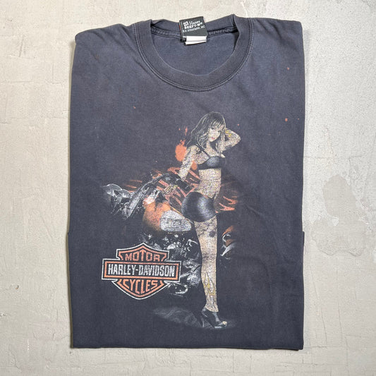 Harley Davidson Pinup Girl Black Tee Size Large USED v19607