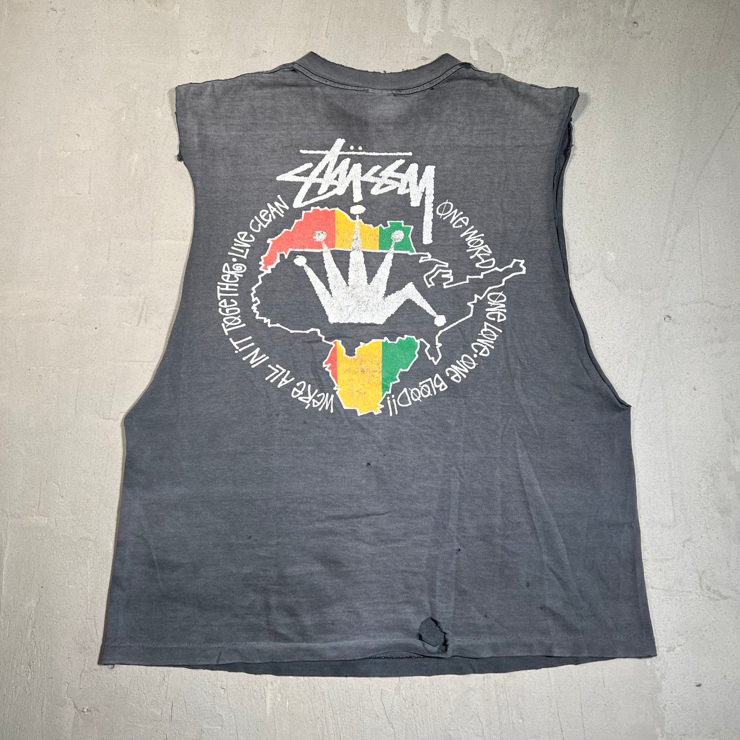 1990s Stussy "One World One Love" Black Cutoff Tee Size Large USED x17689