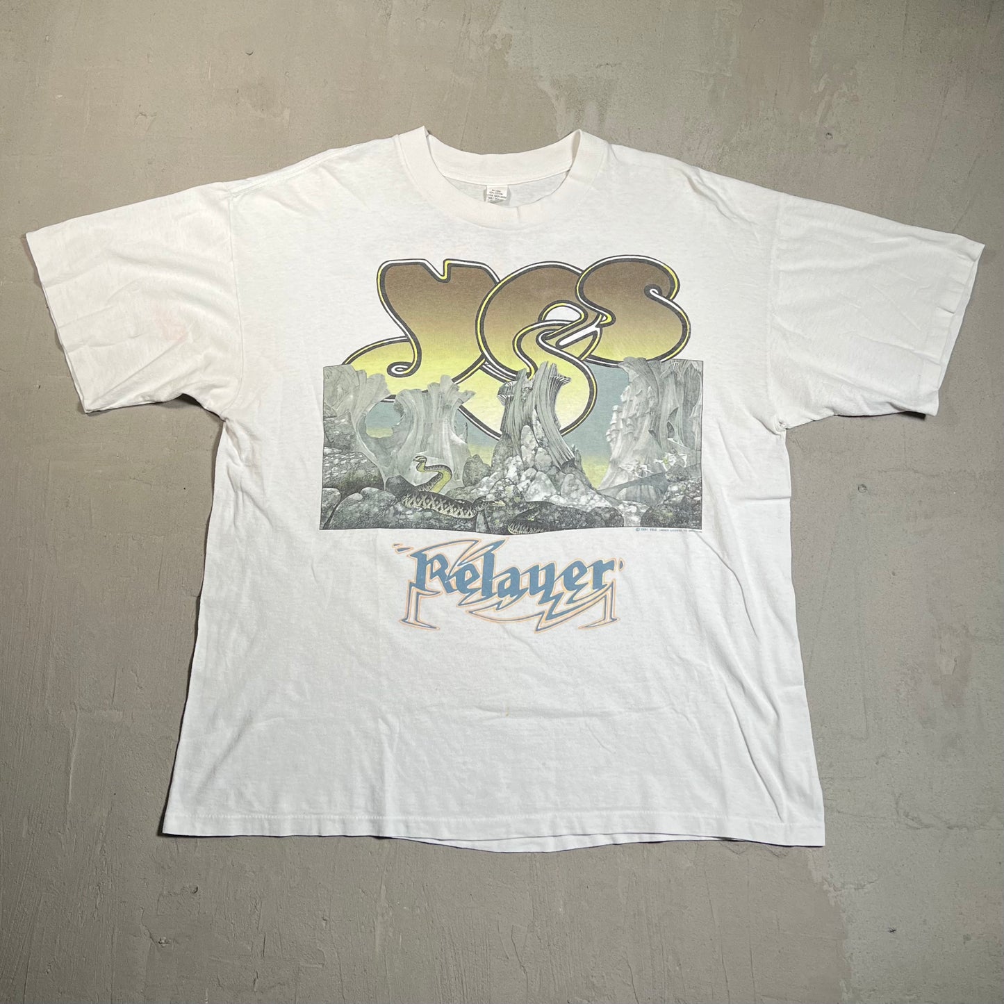 1991 YES Relayer Union World Tour White Tee Size XL USED v19452