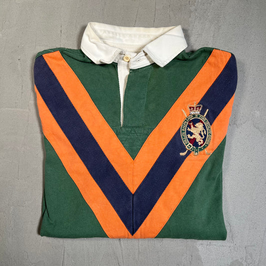 Y2K Polo Ralph Lauren Orange Green Crest Polo Longsleeve Size Medium USED v19637