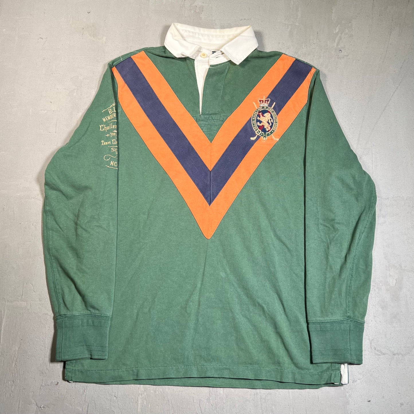Y2K Polo Ralph Lauren Orange Green Crest Polo Longsleeve Size Medium USED v19637