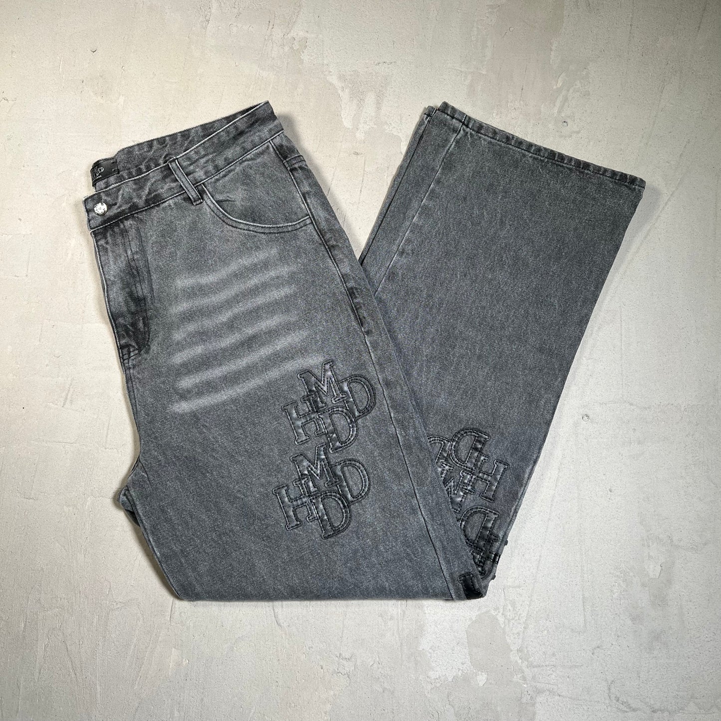 HMDD Double Black Patch Washed Denim Jeans Size XL NEW x17720