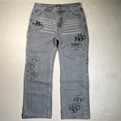 HMDD Double Black Patch Washed Denim Jeans Size XL NEW x17720