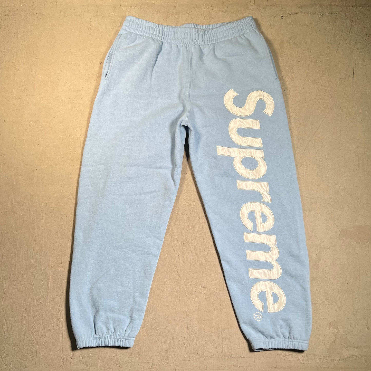 Supreme Satin Applique Light Blue Sweatpants Size Large USED x17752
