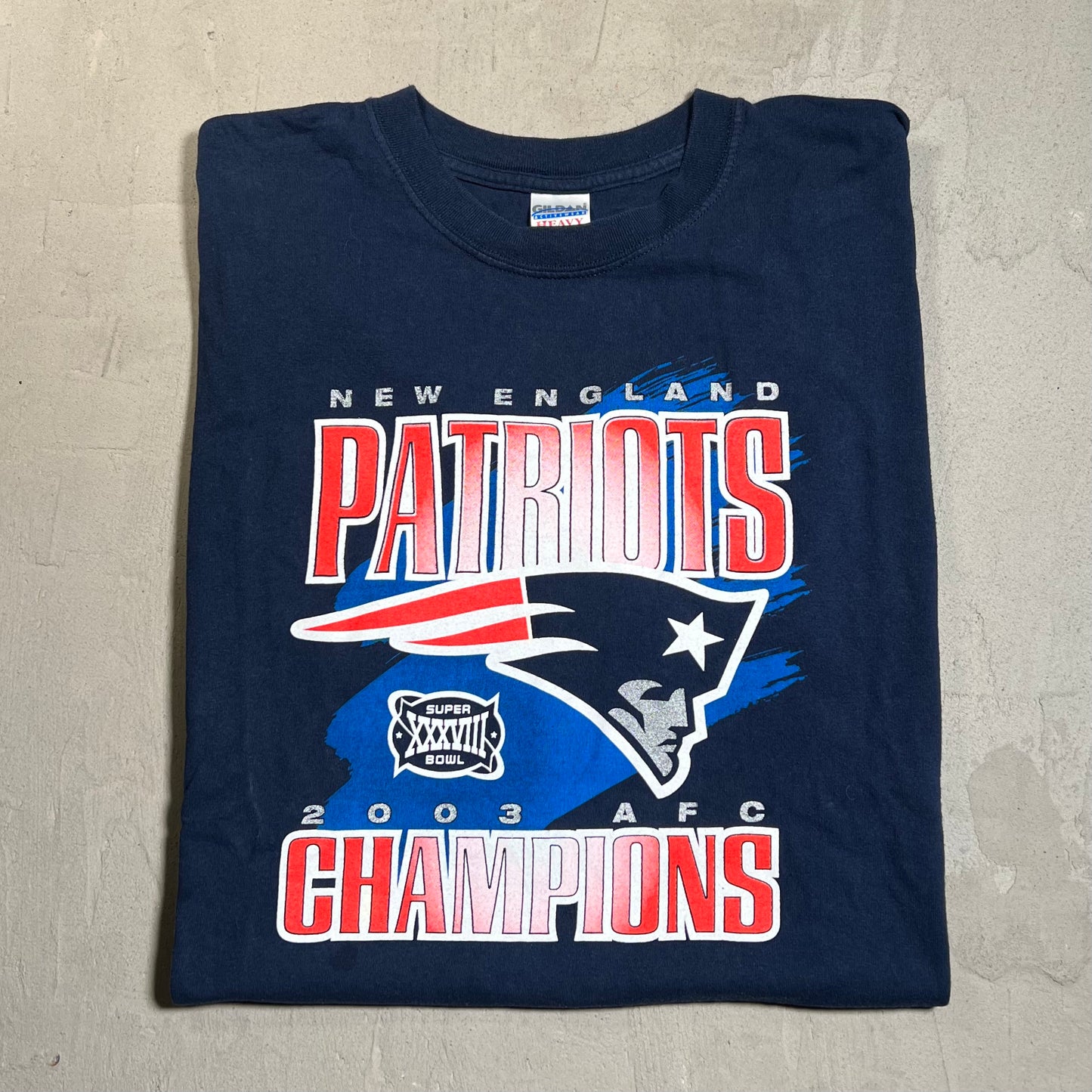 2003 New England Patriots Navy Super Bowl Tee Size XL USED v19099