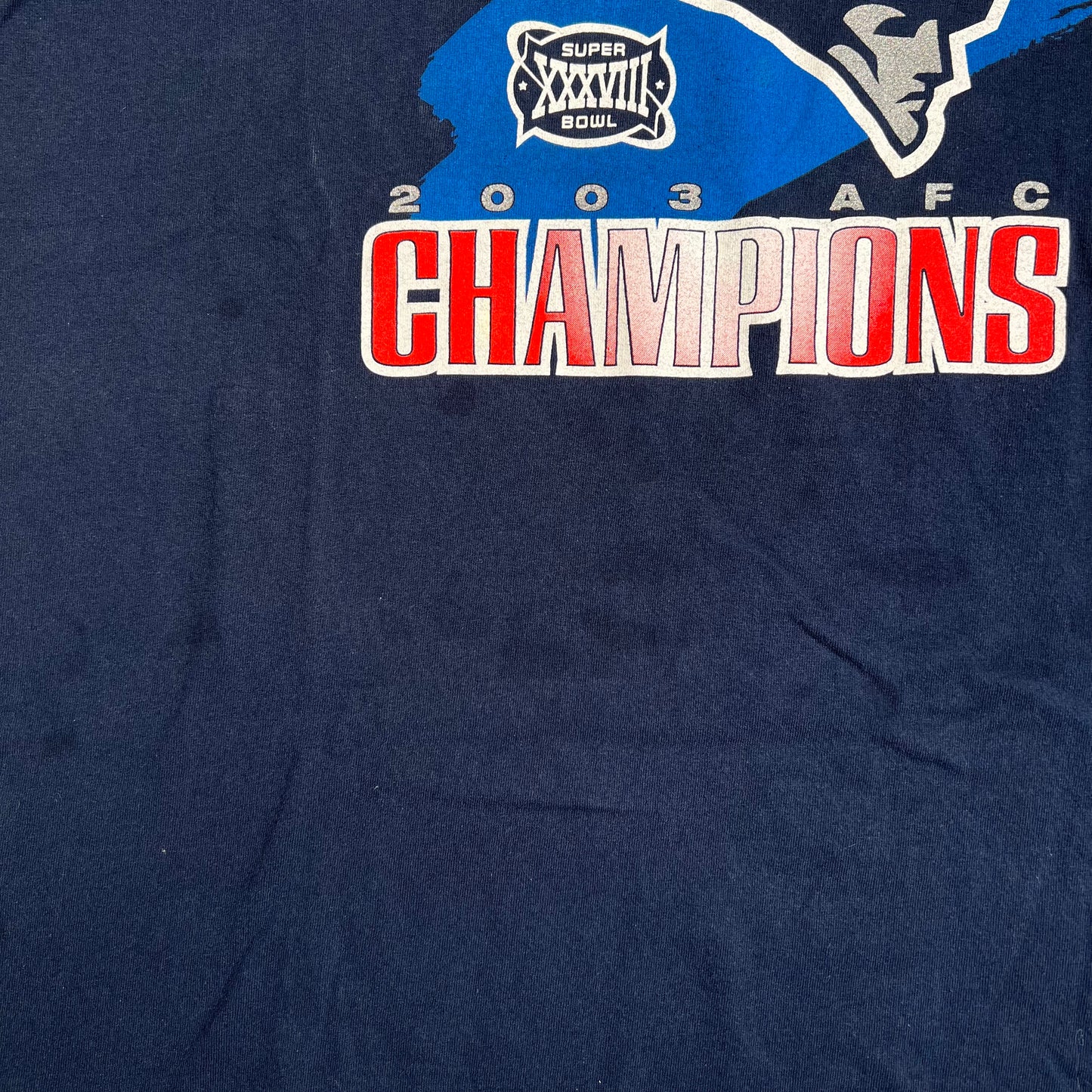 2003 New England Patriots Navy Super Bowl Tee Size XL USED v19099
