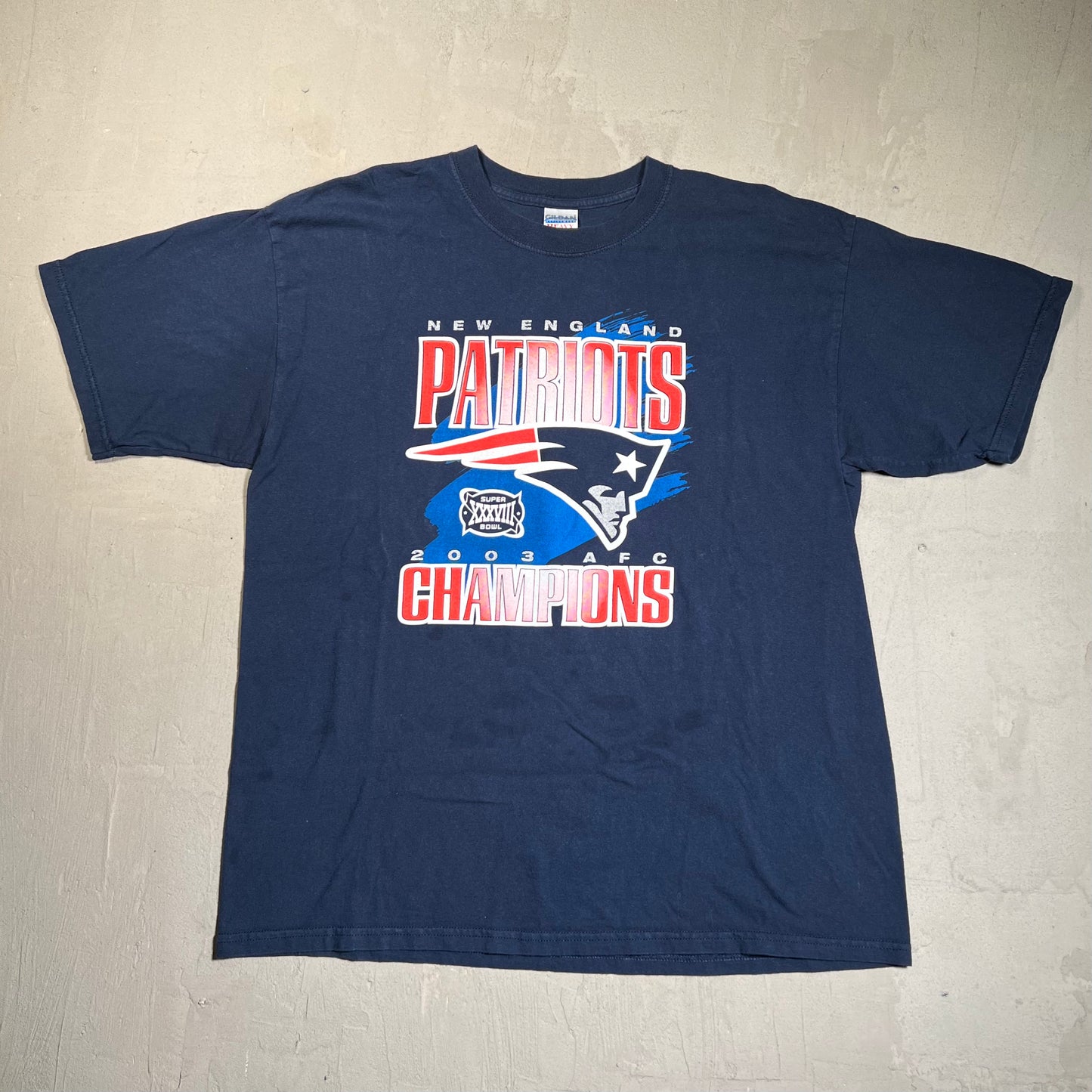 2003 New England Patriots Navy Super Bowl Tee Size XL USED v19099
