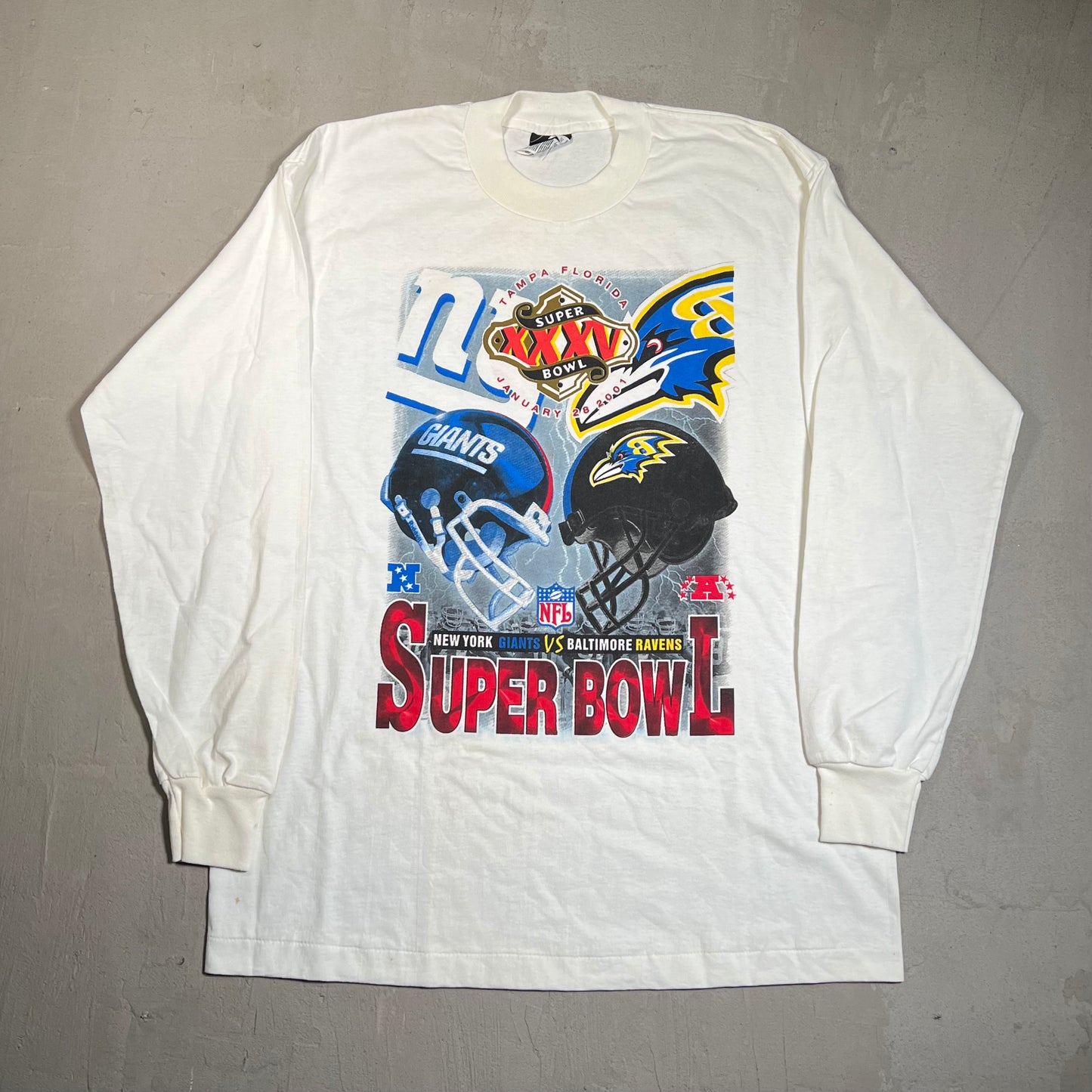2001 Giants Ravens Super Bowl White Longsleeve Size Medium USED v19545