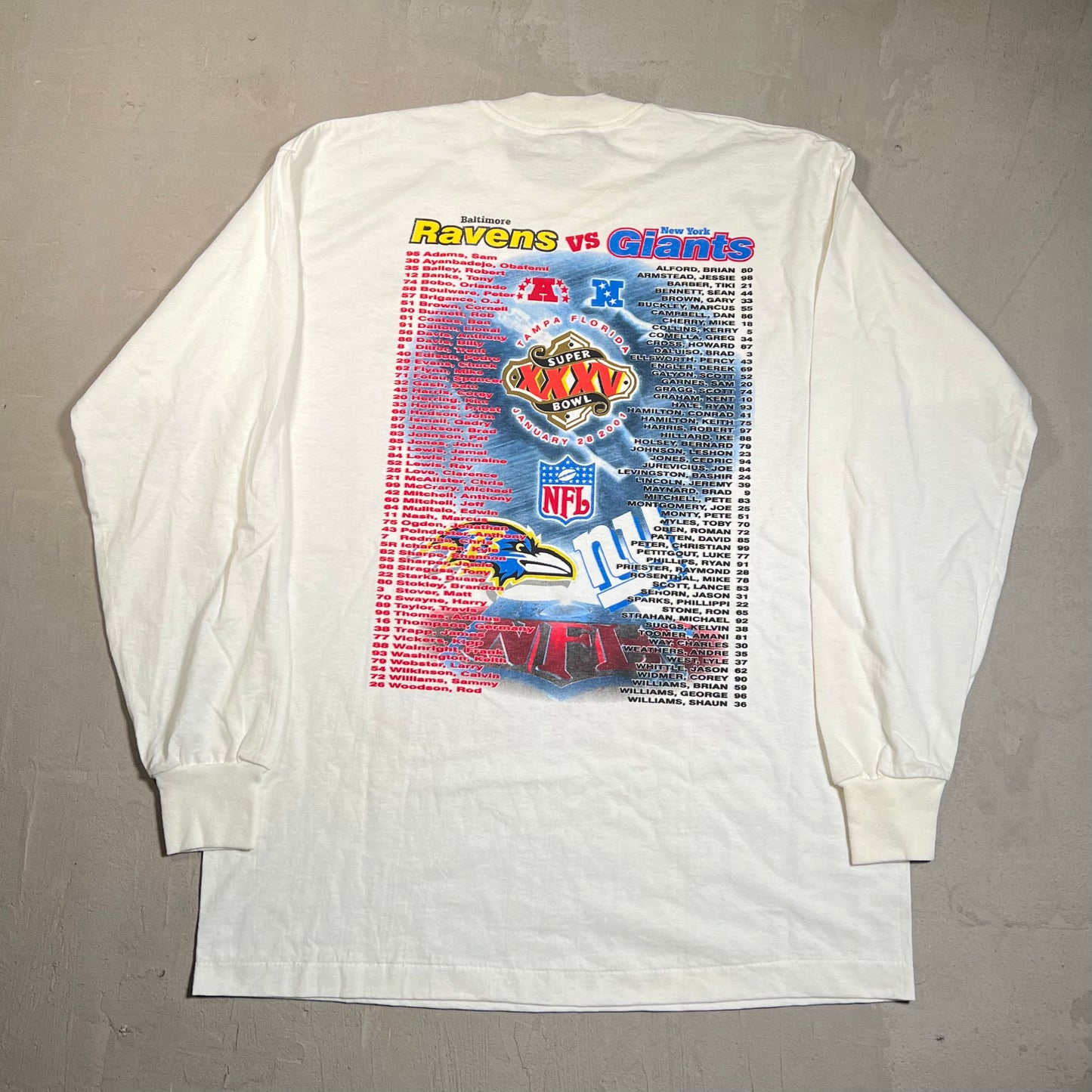 2001 Giants Ravens Super Bowl White Longsleeve Size Medium USED v19545
