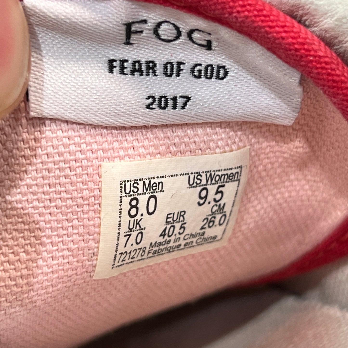 Vans Era 95 DX Fear of God Red (2017) Size 8 USED s22385