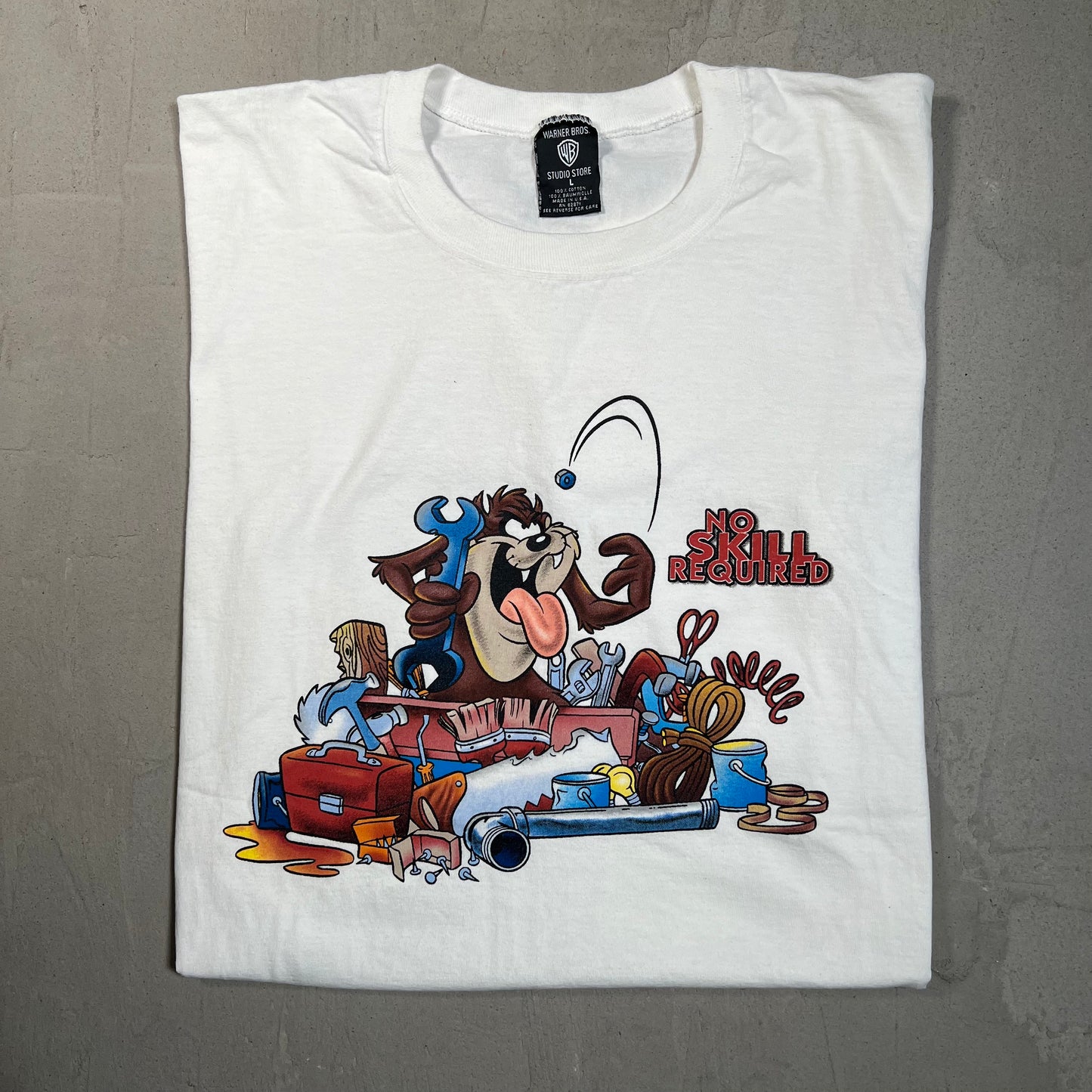1990s Looney Tunes Taz "No Skill" White Tee Size Large USED v19655