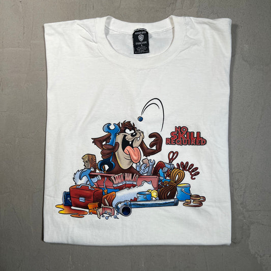 1990s Looney Tunes Taz "No Skill" White Tee Size Large USED v19655