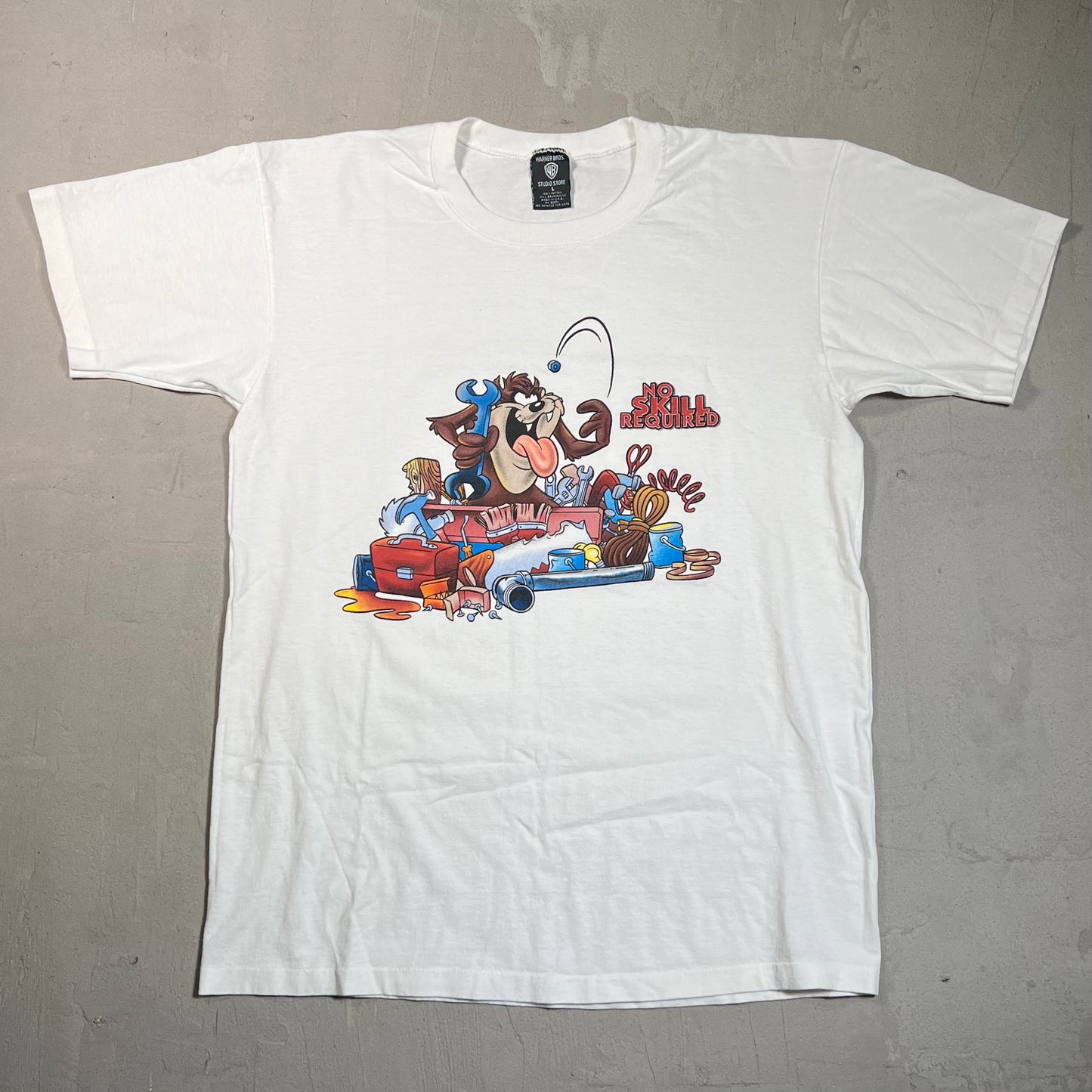 1990s Looney Tunes Taz "No Skill" White Tee Size Large USED v19655