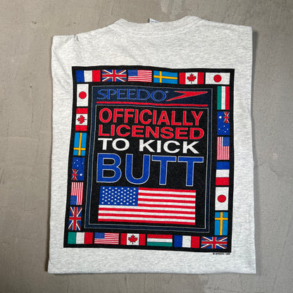 1990s Speedo Grey "Butt Kicked" Tee Size Large USED v19673