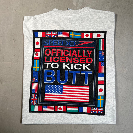 1990s Speedo Grey "Butt Kicked" Tee Size Large USED v19673