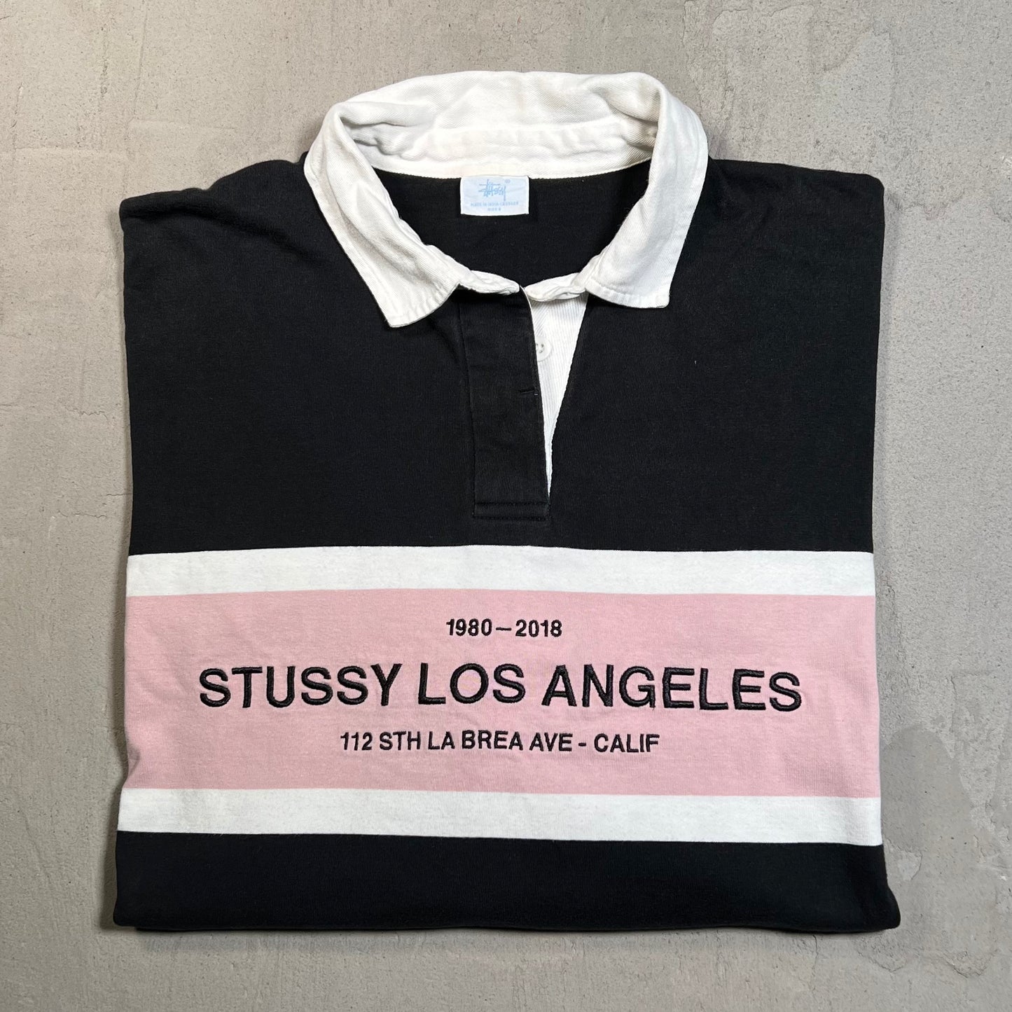 Stussy "Los Angeles" Black/Pink Longsleeve Rugby Polo Size Small USED x17800