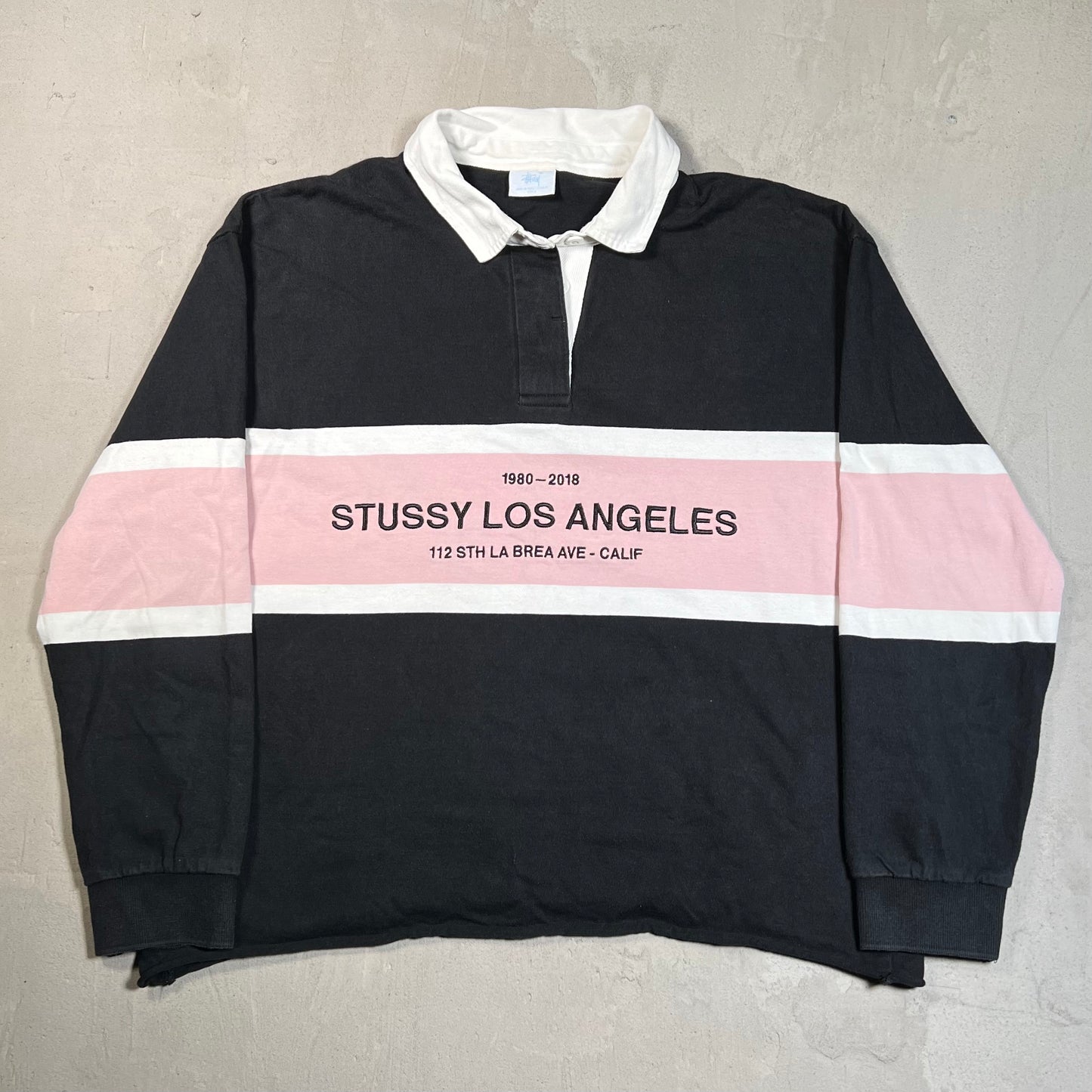 Stussy "Los Angeles" Black/Pink Longsleeve Rugby Polo Size Small USED x17800