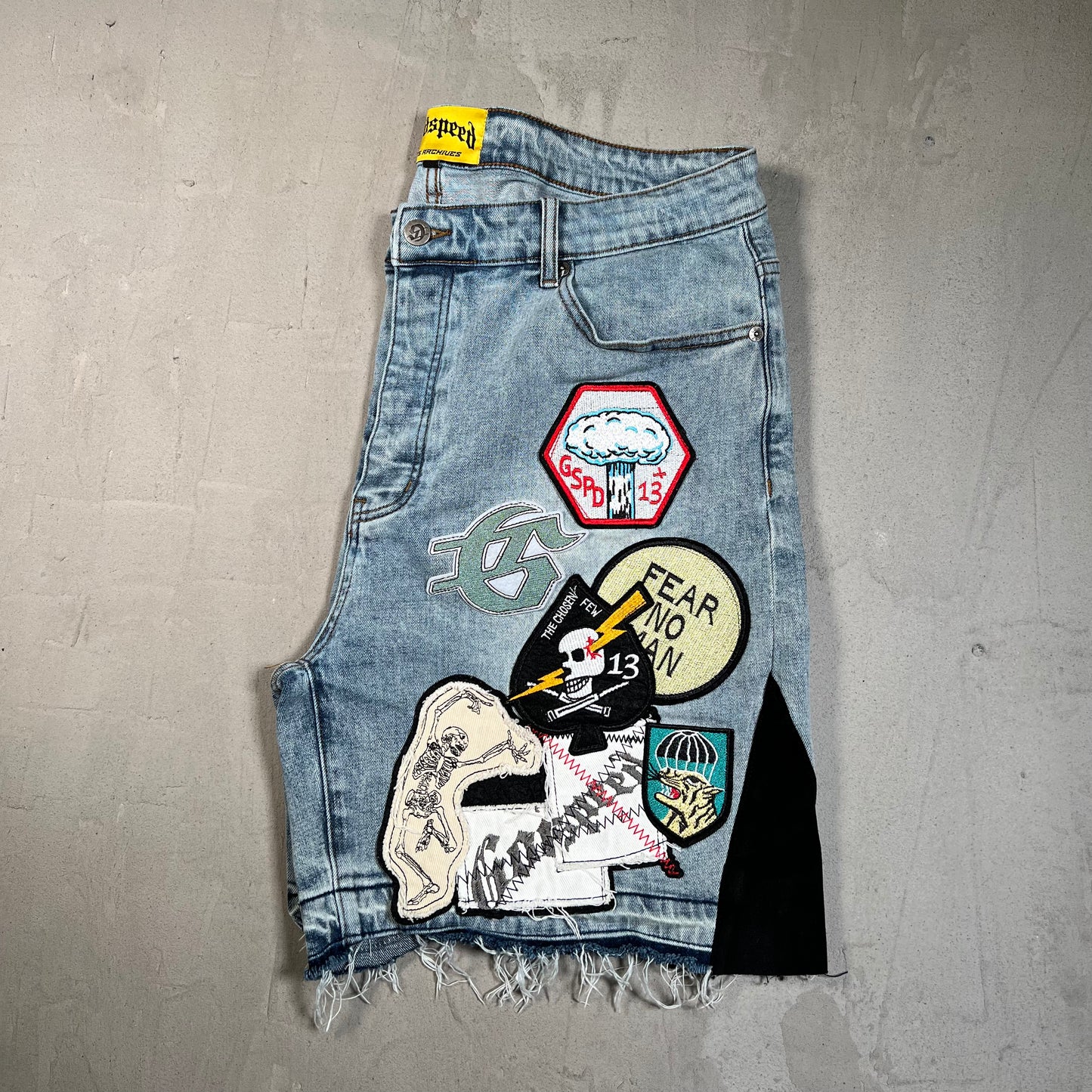 Godspeed Patchwork Blue Denim Jean Jhorts Size 36 USED x17787