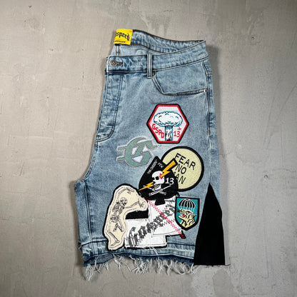 Godspeed Patchwork Blue Denim Jean Jhorts Size 36 USED x17787