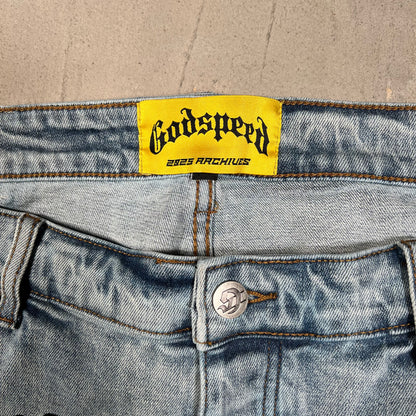 Godspeed Patchwork Blue Denim Jean Jhorts Size 36 USED x17787