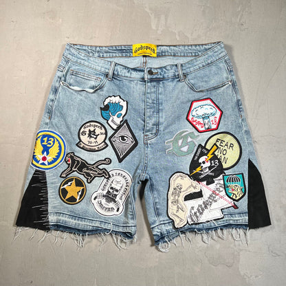 Godspeed Patchwork Blue Denim Jean Jhorts Size 36 USED x17787