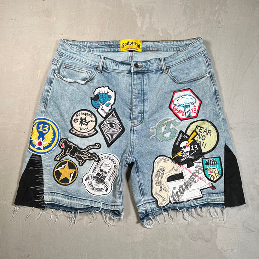 Godspeed Patchwork Blue Denim Jean Jhorts Size 36 USED x17787