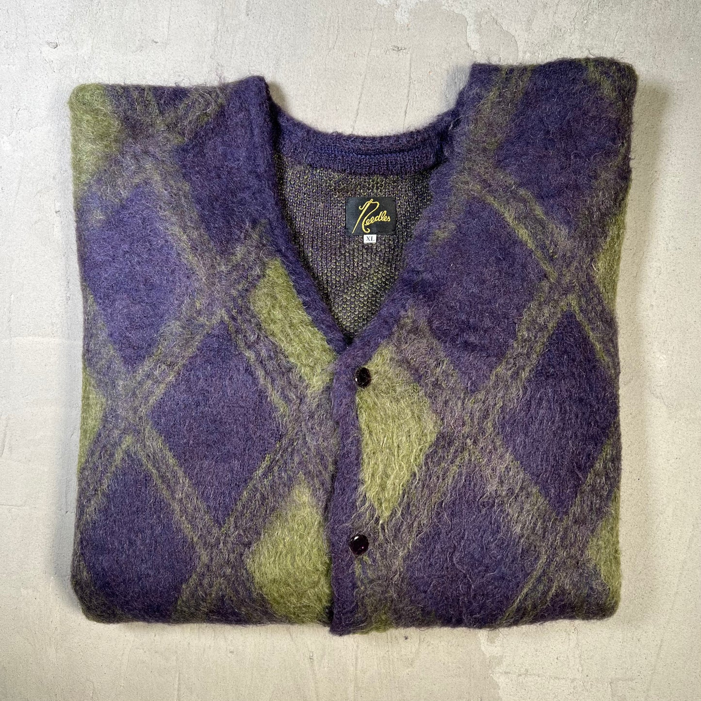 Needles Purple/Green Fuzzy Cardigan Argyle Mohair Sweater Size XL USED x17845